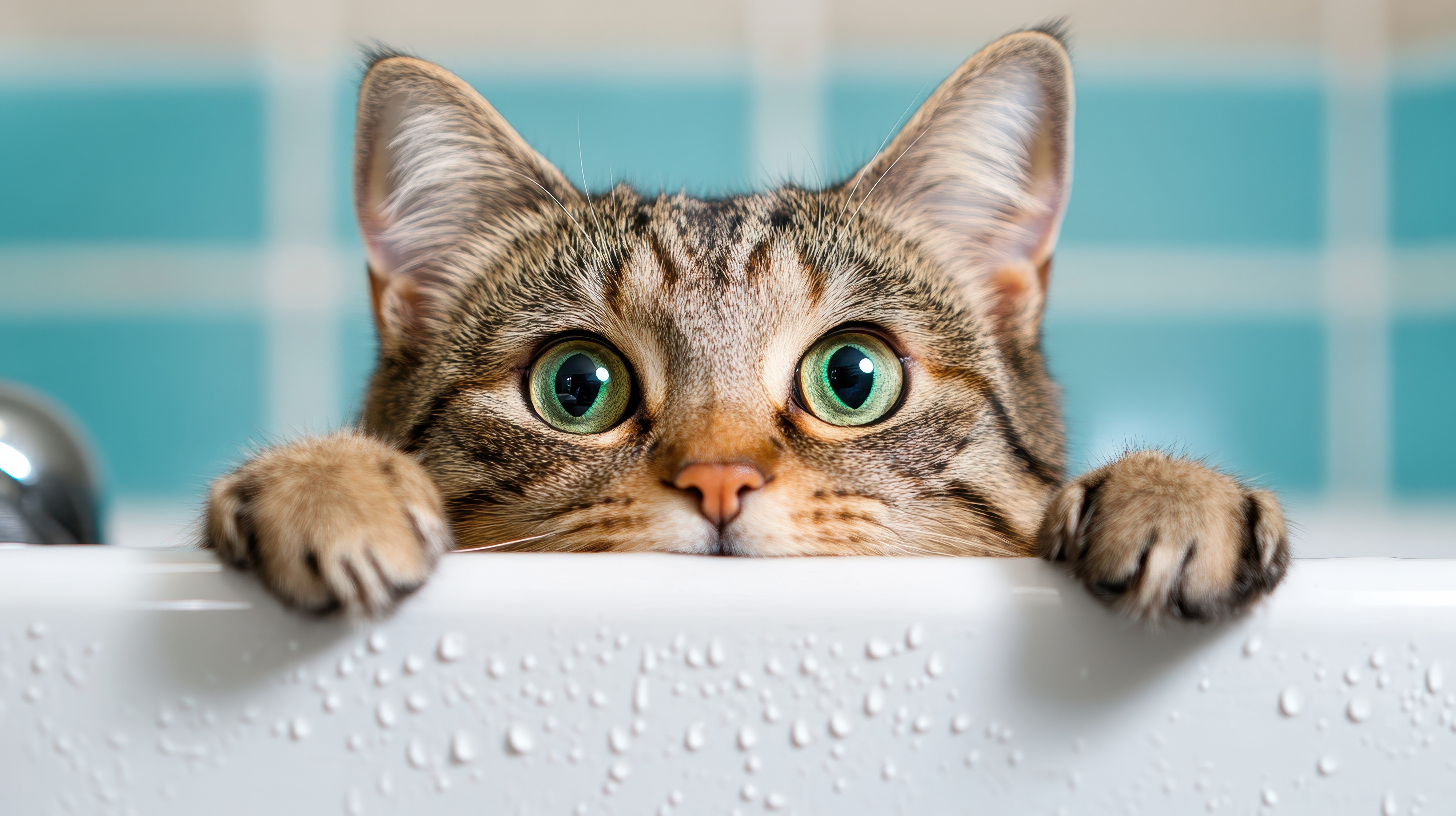 Cat watching human in bath. 