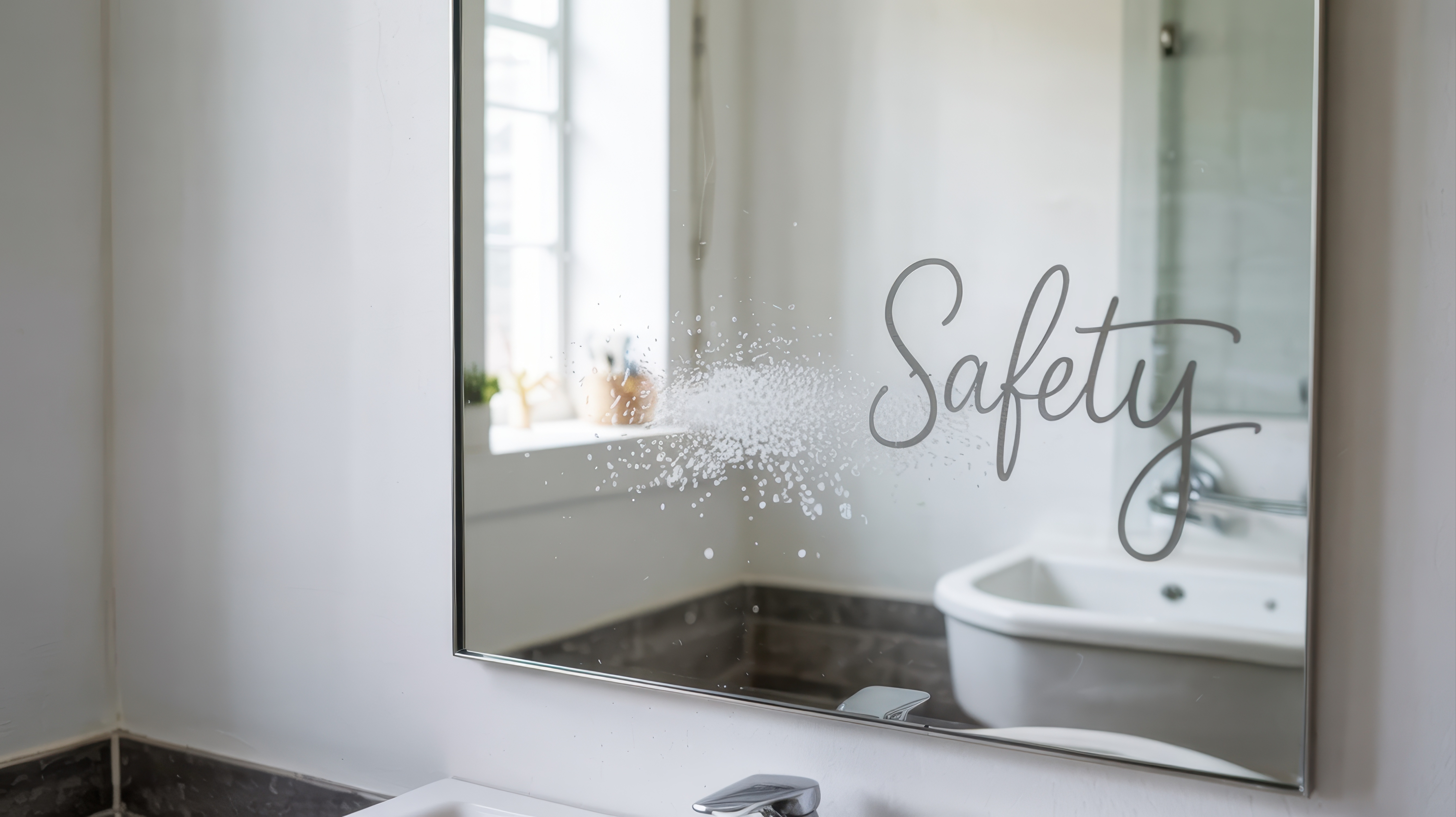 Bathroom mirror with word "safety" written in the corner.