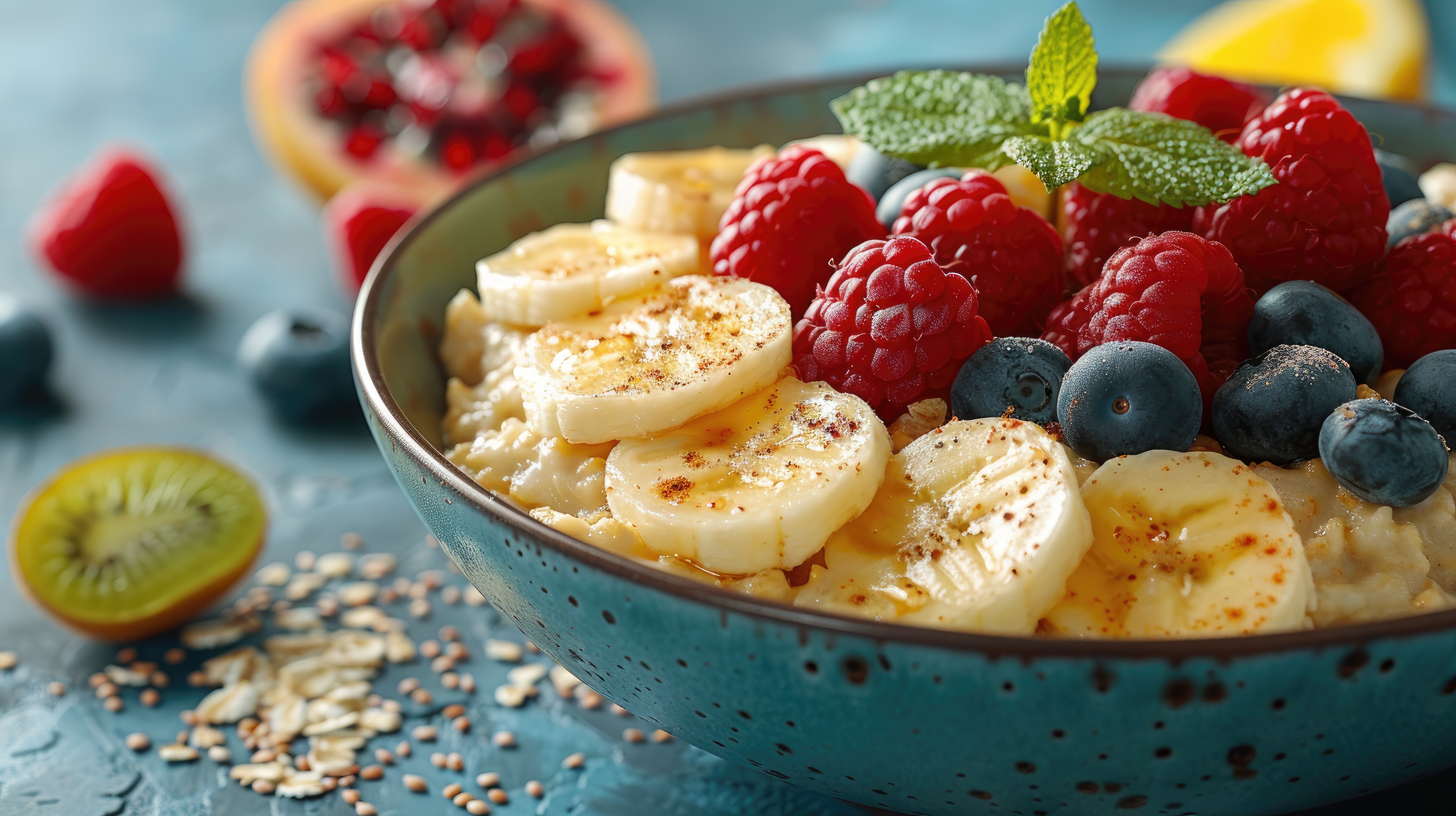 Bowl of breakfast oatmeal with Banana and berries