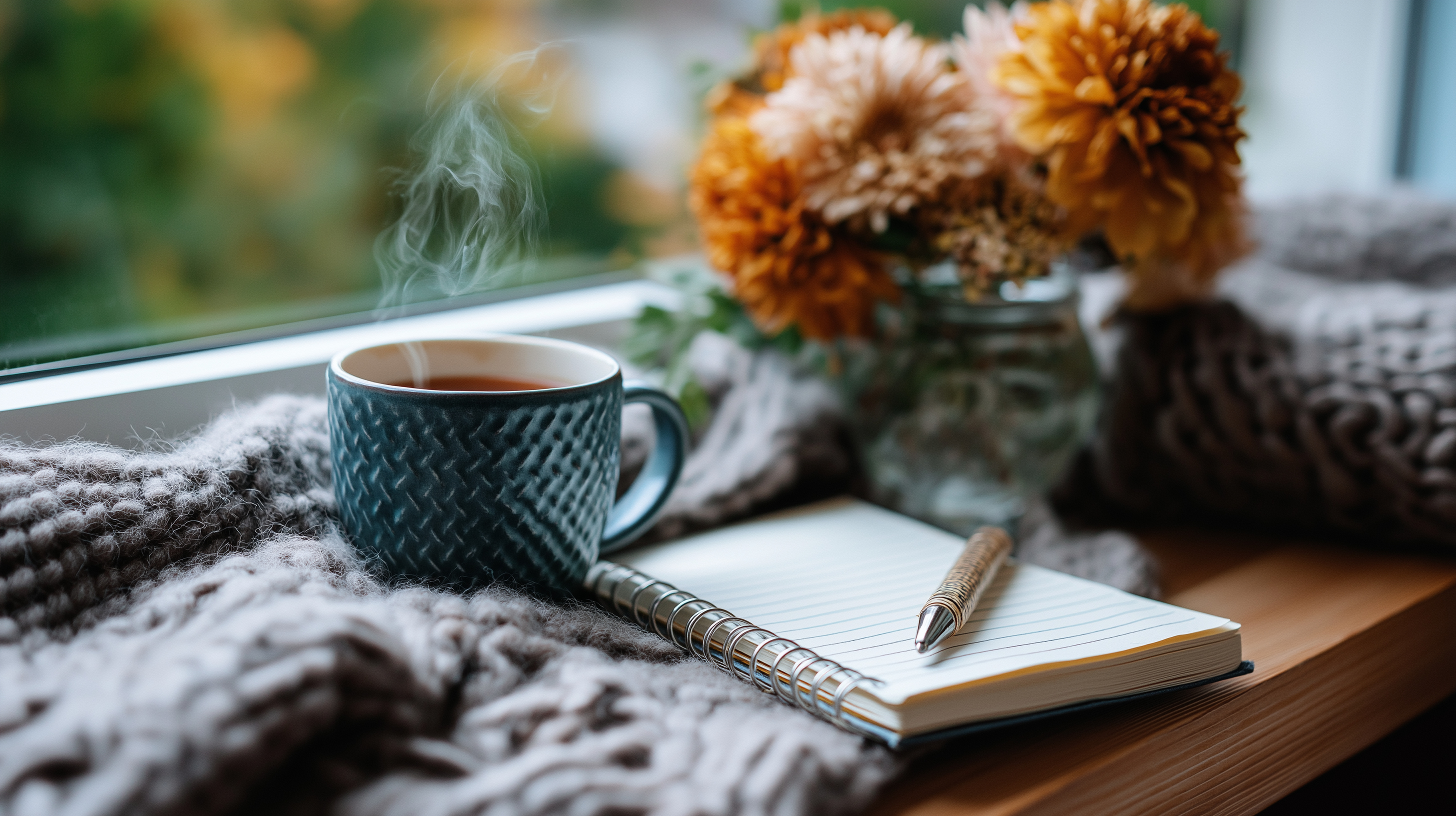 Warm blanket on a table near the window with fall flowers, a warm drink and a journal