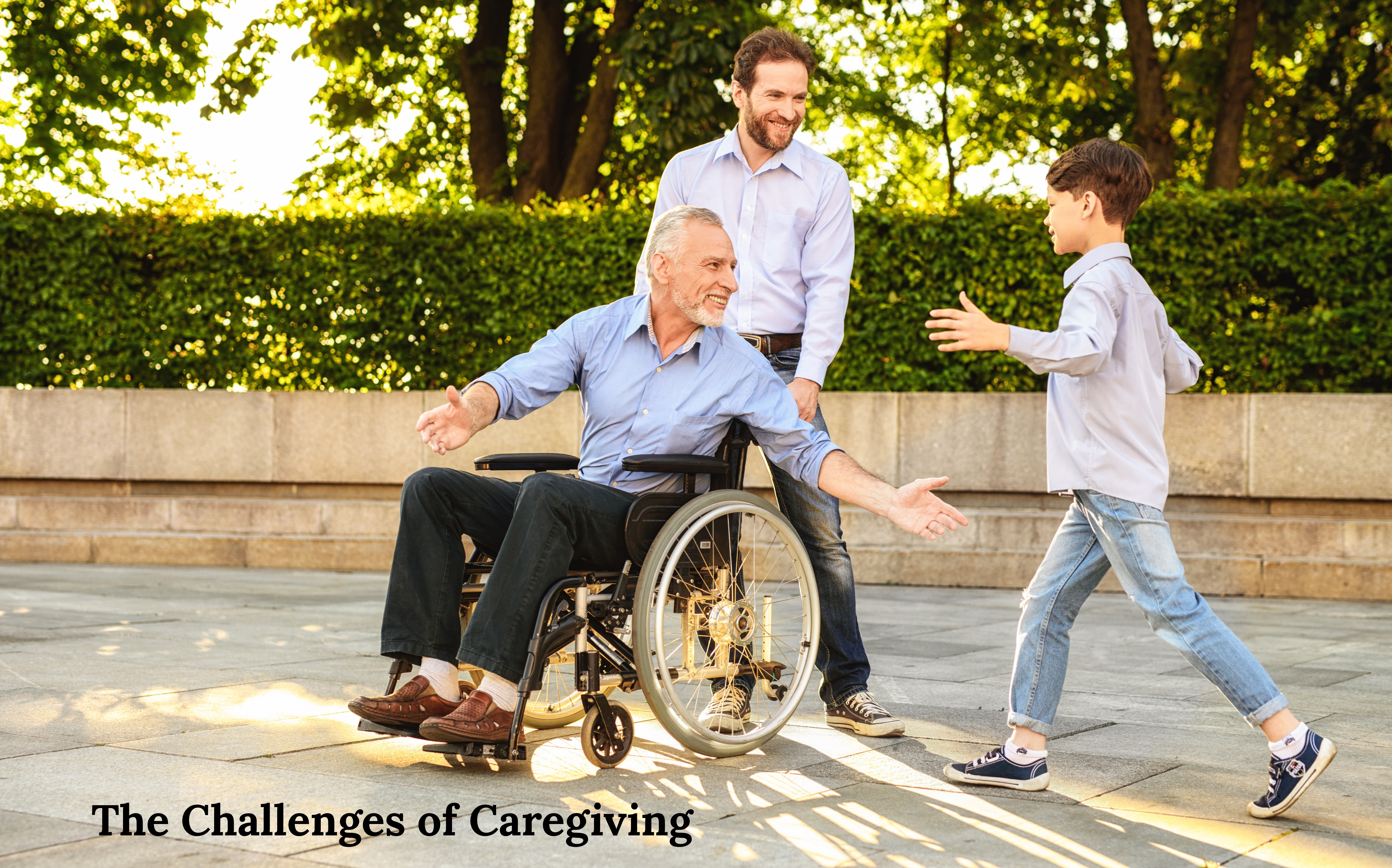 Grandfather in wheelchair with son standing behind. Grandson is running to give grandpa a hug.
